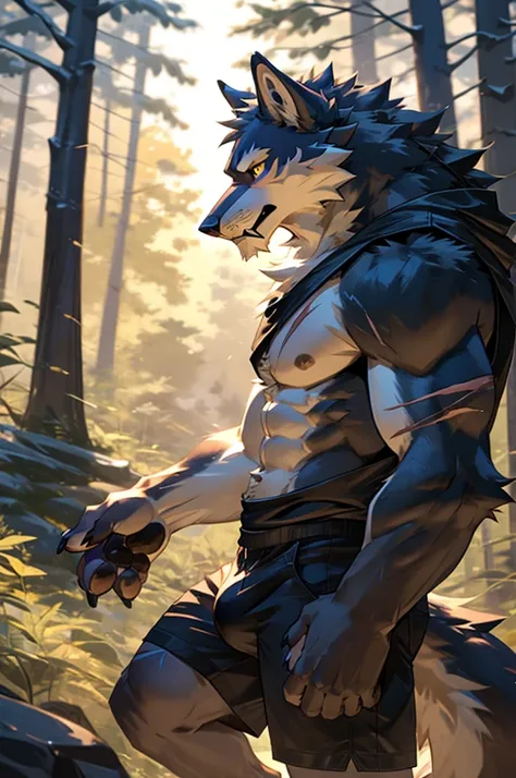 close up, furry, anthro, giant werewolf,wolf ears,wolf tail, dark grey and white fur, messy fur, neck floof, yellow glowing eyes, razor sharp teeth, sabertooth, long sabertooth, muscular body, handsome, monstrous, posing in a forest, daytime, alone, wearin...