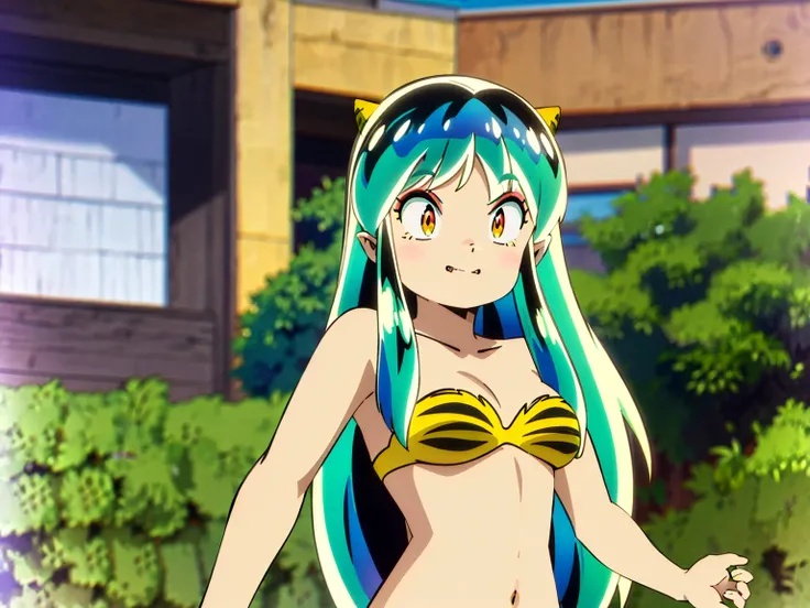 Tabletop, Highest quality, Ultra-high resolution, Highest quality, Anime Style, Alien Girl, They are, 17 years old, Attractive girl, Long Green Hair, Yellow horn, Ram, Ram_Bikini, Yellow tabby bikini, A carefree smile, Animated facial expressions, Face Foc...