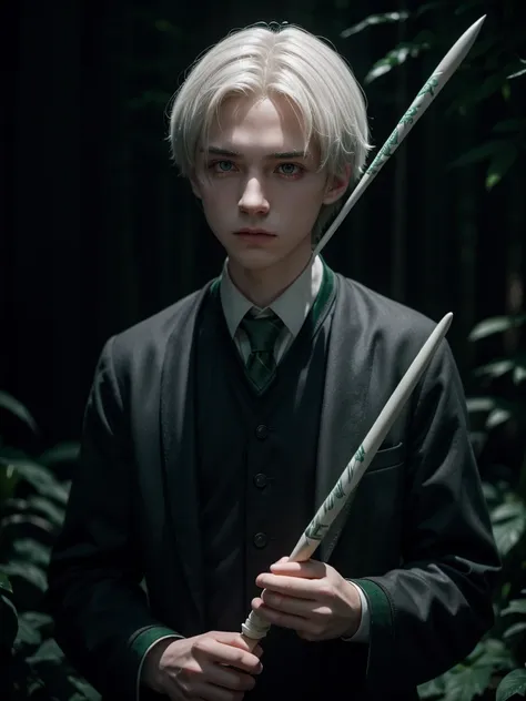 boy, Slytherin uniform, magic wand 24cm in hand, White hair, determinate expression, Forbidden Forest, somber atmosphere, 4K, conceptual artwork, sharp focus, dramatic lighting, Studio quality.