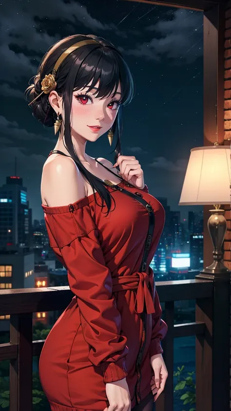 masterpiece, Ultra Detailed, high quality, 8K CG, blush, Bright Eyes, permanent, outdoor, Smile, (night:1.5), slim, Willow Waist, Large Breasts,Your wild rose, Long hair, Black Hair, Red Eyes, Off-shoulder, Red sweater dress, Pantyhose, earrings