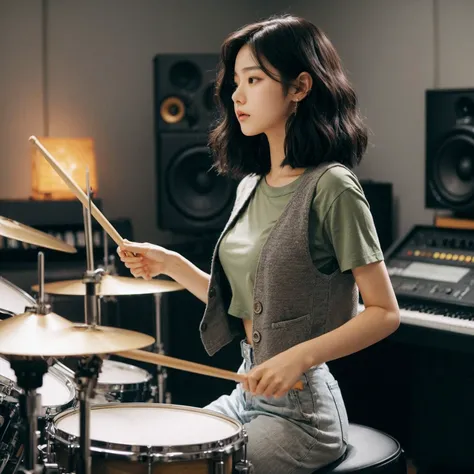 Photo of a beautiful 19-year-old Korean girl, medium build, playing drums in a music studio, with black wavy bob hair, wearing a vest, sage t-shirt, pants, detailed music room, photo taken from the side, masterpiece, 4k, realistic photo