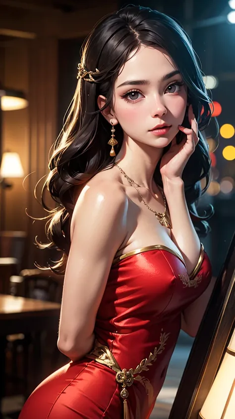 best quality, Masterpiece, height, 1 girl,Chinese dress,decorationsผม,necklace, decorations,Beautiful face,when_body, Tyndall Effect,realistic, dark studio, Light around the wheel rim, Two tone light,(Highly detailed skin:1.2), 8K เอ่อ, dslr, soft light, H...