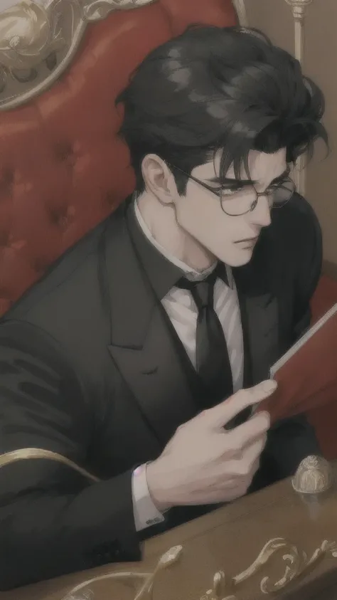 Man in a black top hat, black necktie, with round black glasses, Black Costume, anime styling, anime gentle boy