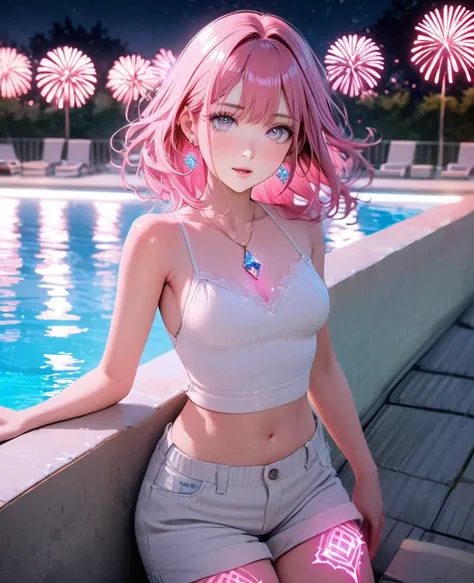 8K,gal，an extremely delicate and beautiful,Beautiful and realistic skin,Shiny jewel-like earrings,pink glowing tattoo,Long pink hair,beautiful eyes,whole body,beautiful tunktop,short pants,Summer pool,Beautiful glowing fireworks