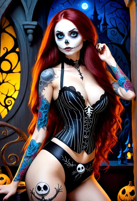 Create a hyper detailed photograph of a nightmare before Christmas tattooed young sexy sally Skellington, Stunningly perfect gorgeous face, perfect makeup, detailed vibrant eyes, long hair, beautiful perfect, big beautiful perfect arms, realistic torso, de...