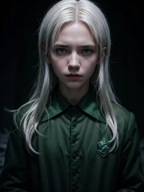 boy, Slytherin uniform, Small magic wand, White hair, determinate expression, Forbidden Forest, somber atmosphere, 4K, conceptual artwork, sharp focus, dramatic lighting, Studio quality.