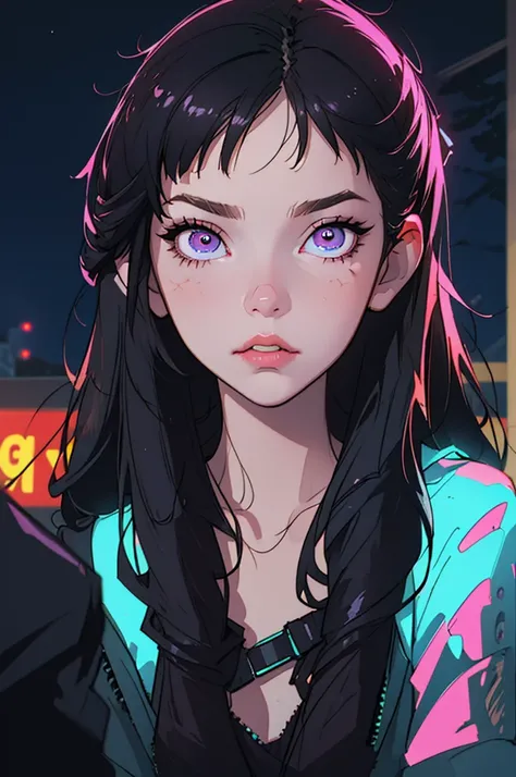 (Best quality, masterpiece1.2), (detailed eye:1.2), complex part, depth of field, 1 girl, city, Cyberpunk, neon, neon lights, night, moon,