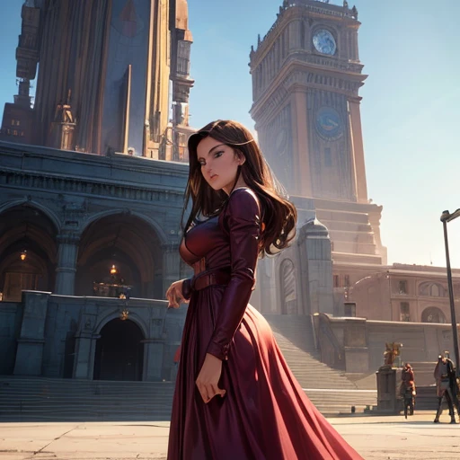 A woman in a dress stands in front of a giant robot, Don Mights, Portrait of Sofia Vergara, Promotional Art, Attractive brown haired woman, Retropunk, The protagonist in the foreground, Inspired by Louis Paul, Mechanic, Young woman anime visual, Compute Sh...