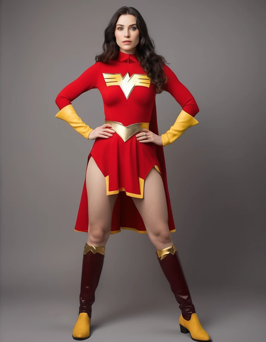 professional portrait photo of Grccrlncrry woman, looking at the camera, highly detailed, skin texture , cosplaying as Mary Marvel