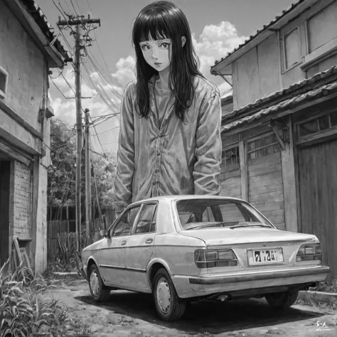 lifting car up, (anime), bizarre scenario, This is Junji, Yusuke Murata, black and white, 8K, anime, horror