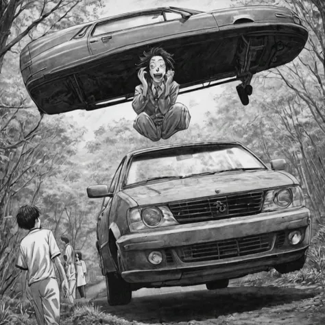 lifting car up, (anime), bizarre scenario, This is Junji, Yusuke Murata, black and white, 8K, anime, horror