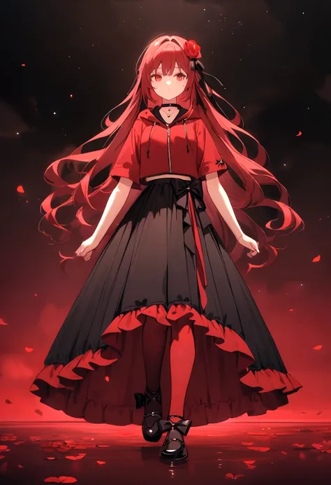 a with a red skirt and a black skirt that is under the red shirt . red stockings . red zip up hoodie, black shirt underneath with short sleeves and ,red hair, long hair and a flower with a ribbon on the bottom on the side on the hair and red eyes has a bla...