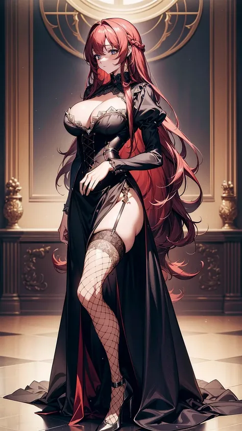 (masterpiece, top quality, best quality, official art, beautiful and aesthetic:1.2), (, best quality, masterpiece:1.2), very long hair, full body, (large breasts:1.2), very long hair, fishnet thighhighs, high heels, (long dress:1.4), corset, garter belts, ...