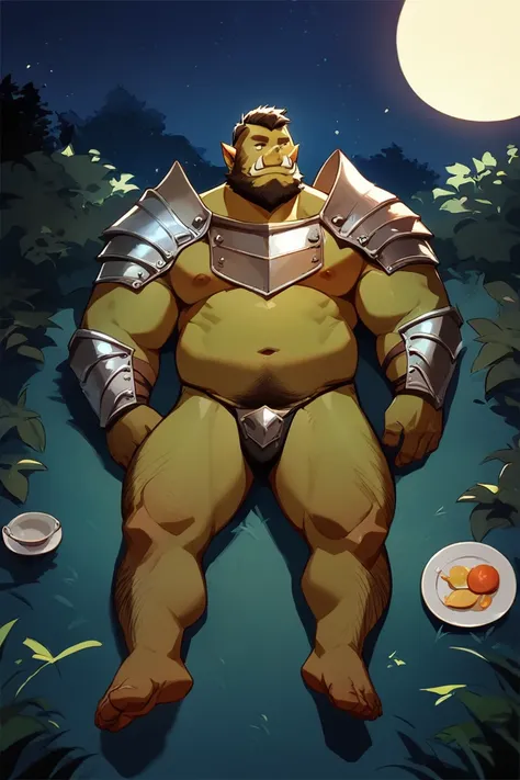 score_9, score_8_up, score_7_up, solo, male focus, chubby male, orc, brown skin, tusks, beard, outdoors, micro armor , shoulder armor, breastplate, upper body, closed mouth, pauldrons, night, night sky,  shirtless , (black micro thong) , full body , bare f...