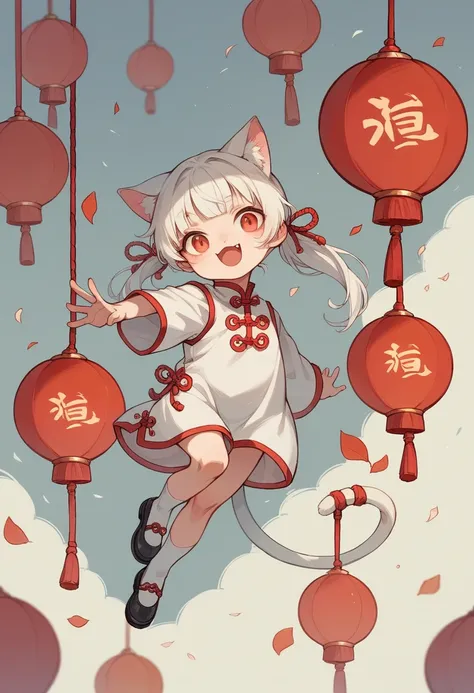 Chinese clothing　Small children　White unkempt hair　Cat ear