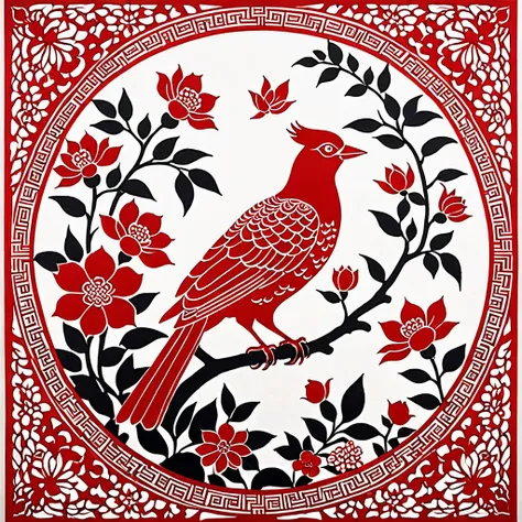 The picture is a red and white traditional Chinese paper-cut art work. This piece is full of floral patterns. In sharp contrast to the white transparent scene. About the artwork,