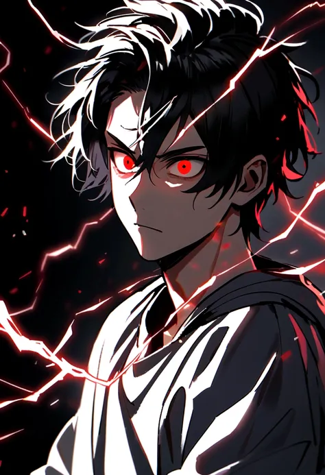 Man, 17 years old, long black hair, black and white sweatshirt with red electricity on his body, looking like a maniac