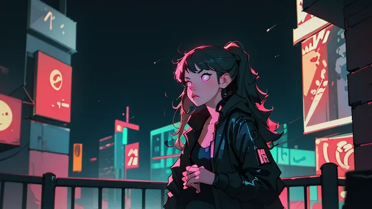 (Best quality, masterpiece1.2), (detailed eye:1.2), complex part, depth of field, 1 girl, city, Cyberpunk, neon, neon lights, night, moon,