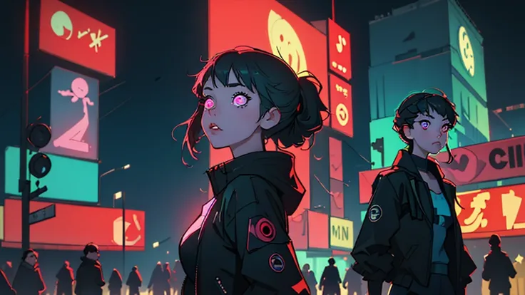 (Best quality, masterpiece1.2), (detailed eye:1.2), complex part, depth of field, 1 girl, city, Cyberpunk, neon, neon lights, night, moon,