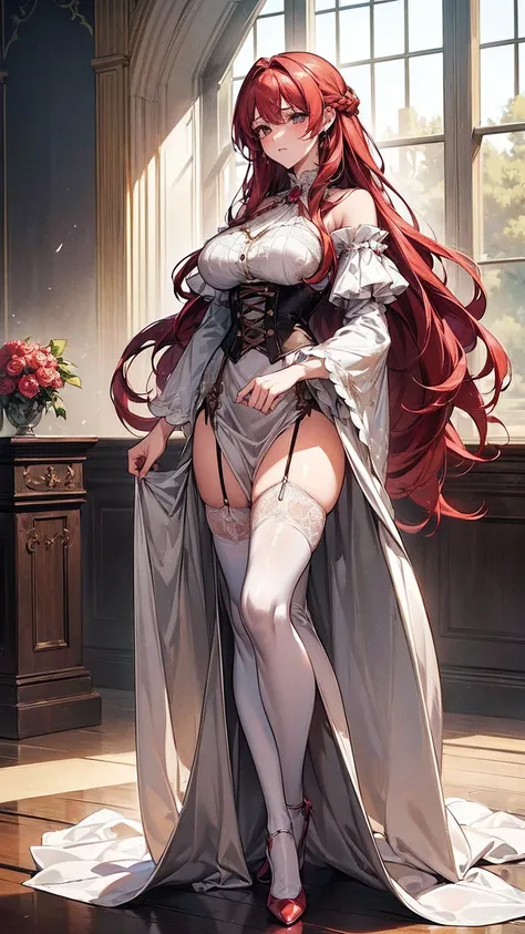 (masterpiece, top quality, best quality, official art, beautiful and aesthetic:1.2), (, best quality, masterpiece:1.2), very long hair, full body, (large breasts:1.2), very long hair, white thighhighs, high heels, (long dress:1.4), corset, garter belts, re...