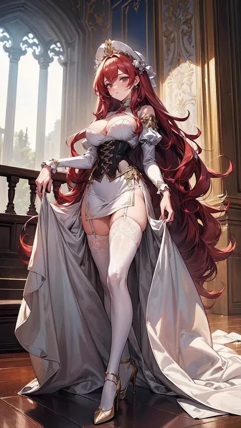 (masterpiece, top quality, best quality, official art, beautiful and aesthetic:1.2), (, best quality, masterpiece:1.2), very long hair, full body, (large breasts:1.2), very long hair, white thighhighs, high heels, (long dress:1.4), corset, garter belts, re...