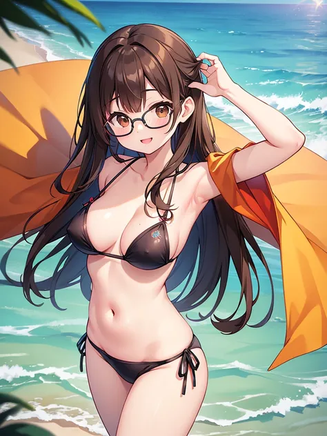 NSFW、1 Female、Brown hair、Brown Eyes、Best Quality、Super detailed、8 Resolution、Raw photo、Mastepiece、Perfect Body、high resolution、Highest quality、Detailed drawing、Vibrant colors、lure、Long Hair、Black-rimmed glasses、Captivating breasts、Ocean、bikini、smile