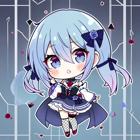 sorimachi-doufu, meyoco, tira27, 1girl, solo, pastel blue hair, short mullet hairstyle, (long strands in front:1.1), short hairstyle, narrow eyes, blue eyes, bangs, lipstick on the lips, standing, detached sleeves, dress, fishnets, gothic, high heels, red ...