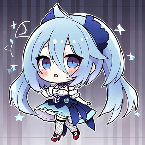 sorimachi-doufu, meyoco, tira27, 1girl, solo, pastel blue hair, short mullet hairstyle, (long strands in front:1.1), short hairstyle, narrow eyes, blue eyes, bangs, lipstick on the lips, standing, detached sleeves, dress, fishnets, gothic, high heels, red ...