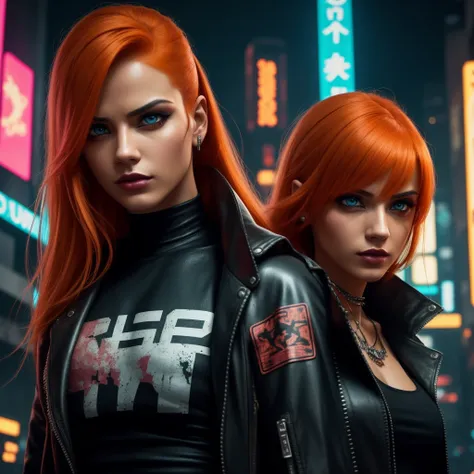 Close-up, a beautiful orange haired Italian elegant fashion, tattered clothes, long and straight hair, punk outfit, pink outfit, lipstick, action movie scene, Dystopian Dinner Cinematic Blade Runner, natta, busy with neon signs, blade runner aesthetics, pa...