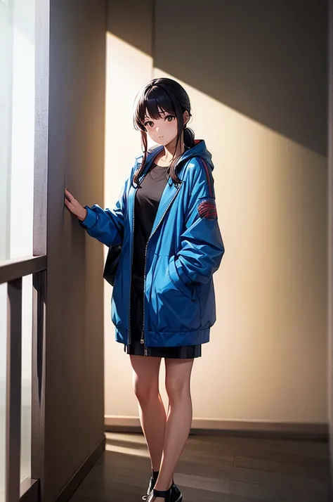 Asian woman in a blue jacket leaning against a wall, , Side light