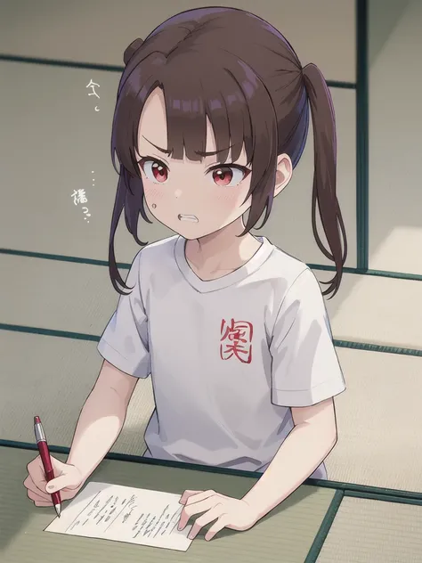 Japanese-style room,On the tatami_Sitting, indoor,1 Girl, 独奏, Red eyes, Twin tails, brown hair,crawling,顔 focus,upper body,White shirt, bangs, eyebrows visible through hair, Flat Chest,looking at another,teeth ,annoyed,panicking,Write on loose-leaf paper w...