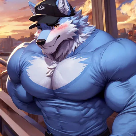 Wolf, Furry Anthro , Light Blue wolf , Light Blue Fur , sexy , bara , muscle , big chest , big butt ,Wearing black cap,(Front Cap), wearing long sleeve shirt , (tight shirt), Blushing , cute face , handsome ,Sharp looking, (ultra details) , (4k) , (masterp...