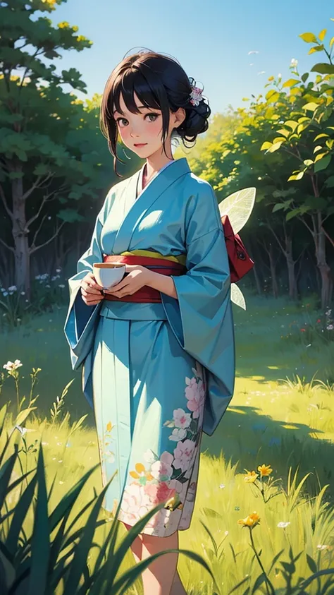 Fairy tale illustration by Reiko Ikemura, Pixabay, simple art, full color illustration, cute fairy tale illustration, picture book illustration, illustration, Hayao Miyazaki style tea picking girl, In the field, kimono, kimono  