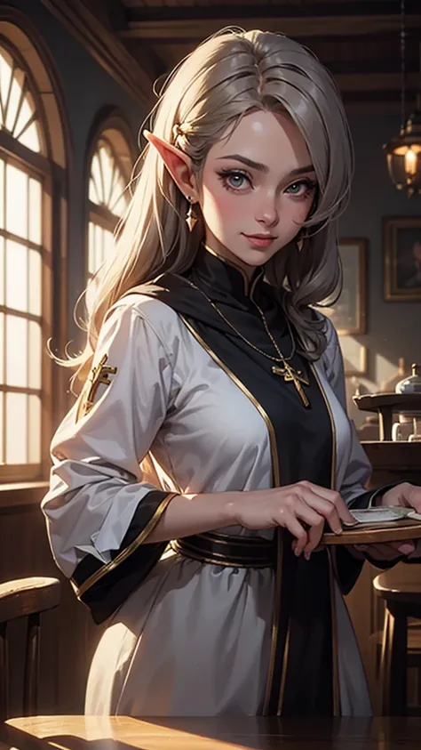 best quality,Masterpiece,Masterpiece portrait,complicated details,great light,Fantasy,dungeon & dragon,Retro,priest,dark elf,1 girl,Wooden table,tavern,gray skin,elegant smile,squint,Close-up of Drow Person, Mycenaean woman wearing gold jewelry., spider:0....