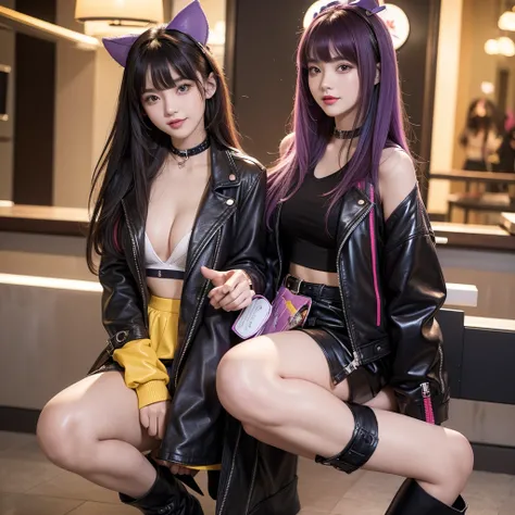 bangs down，beautiful girl，Purple Leather Jacket，future fashion，Absurd，Maid clotheasterpiece，perfect face，perfect breasts，long hair，Outstanding style，stimulating，Cute outfits，Horny girl，double eyelid，Naughty Girls，Erotic and cute，mini skirt，ribbon on unifor...