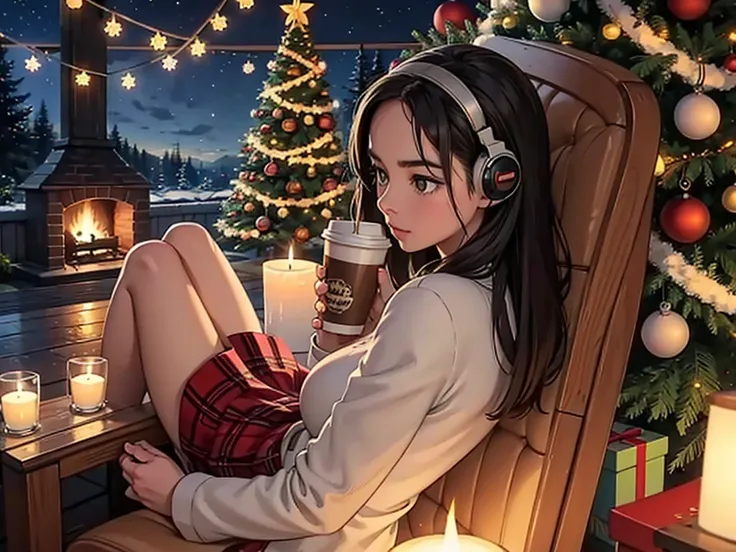 lofi brunette margot robbie with headphones sitting on the floor with a cup of coffee in front of a christmas tree, vietnam girl, night, fireplace, cosy vibes, cozy, seasons!! : 🌸 ☀ 🍂 ❄, 😭🤮 💔, cozy aesthetic, highly christmas decorated, 🕹️ 😎 🔫 🤖, with a tr...