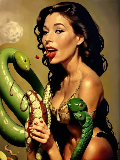 a woman (EVA) eating a Apple, with a Snake in the background im Paradies 
