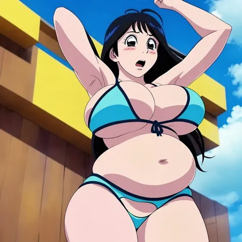 nakanotami mina,airmaster, big breasts,black hair,long hair,shibata yokusaru style,wide hip,bikini,beach,blush, ((big belly, massive belly, giant belly)), shocked, open mouth, (hands behind head:1.4), (solo:1.5)