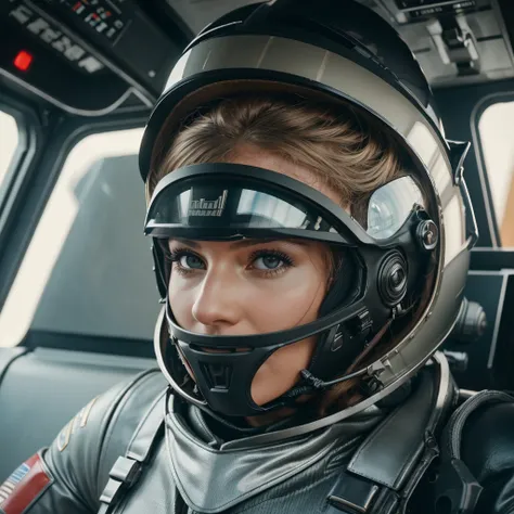 a close up of a woman in a helmet and a helmet on, 2 0 2 1 cinematic 4 k framegrab, barbarella, by Anna Katharina Block, fighter pilot in the cockpit, moody : : wes anderson, retro photography, furious gorgeous woman, sixties, faster, awarded on cgsociety,...