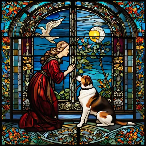 a close up of a stained glass window with a dog and a woman, masterpiece stained glass, stained glass art, by Meredith Dillman, stained glass tarot style, on a stained glass window, stained glass style, full color digital illustration, maxim verehin staine...