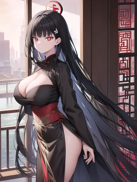 Rivertsukatsuki, River, black hair, (red eyes:1.5), hair ornament, hairclip, Halation, long hair,
、Extremely large breasts(7400)、Gorgeous embroidered Chinese dress、With slits