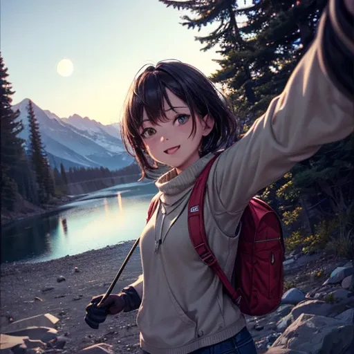 1 female((Upper body selfie, Happy)), masterpiece, Highest quality, Super detailed, alone, Outdoor, (night), Mountain々, nature, (performer, moon) Hilarious, Happy, Backpack, sleeping bag, Camping stove, Water bottle, Mountain boots, gloves, sweater, Have, ...