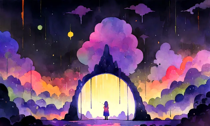 European hippie girl meditating in her room, dream, Wear headphones, night lighting, Neon scenery on a rainy day, Analog Color Theme, Lo-fi Hip Hop , review, flat, 2.5D ,Draw a line, Ink painting, Large slope, Watercolor, Goosh Colors, Studio Ghibli style,...