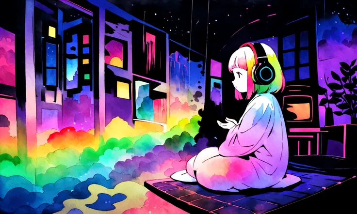 European hippie girl meditating in her room, dream, Wear headphones, night lighting, Neon scenery on a rainy day, Analog Color Theme, Lo-fi Hip Hop , review, flat, 2.5D ,Draw a line, Ink painting, Large slope, Watercolor, Goosh Colors, Studio Ghibli style,...