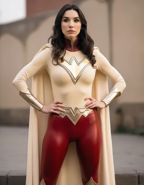 professional portrait photo of Grccrlncrry woman, looking at the camera, highly detailed, skin texture, cosplaying as Mary Marvel. Busty chest costume, fighting pose.