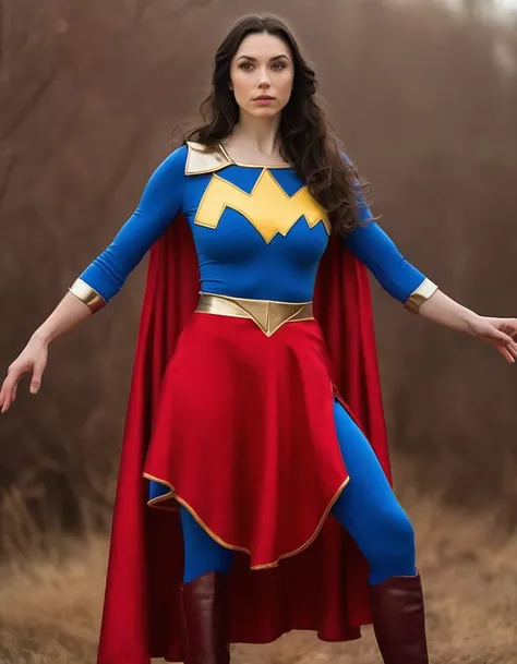 professional portrait photo of Grccrlncrry woman, looking at the camera, highly detailed, skin texture, cosplaying as Mary Marvel. Busty chest costume, fighting pose.