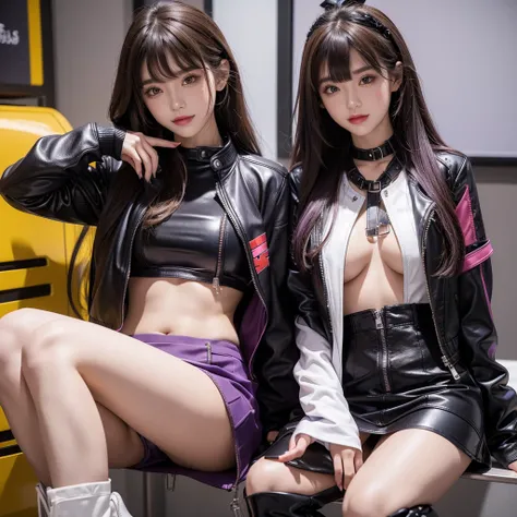 bangs down，beautiful girl，Purple Leather Jacket，future fashion，Absurd，Maid clotheasterpiece，perfect face，perfect breasts，long hair，Outstanding style，stimulating，Cute outfits，Horny girl，double eyelid，Naughty Girls，Erotic and cute，mini skirt，ribbon on unifor...