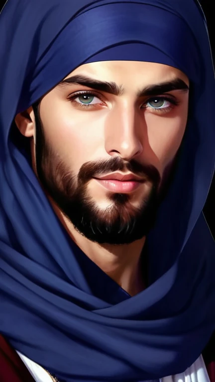 ultra-realistic 30-year-old incredibly handsome brutal men as sheikh, with bright eyes, looking in front of camera, hd portrait, photorealistic