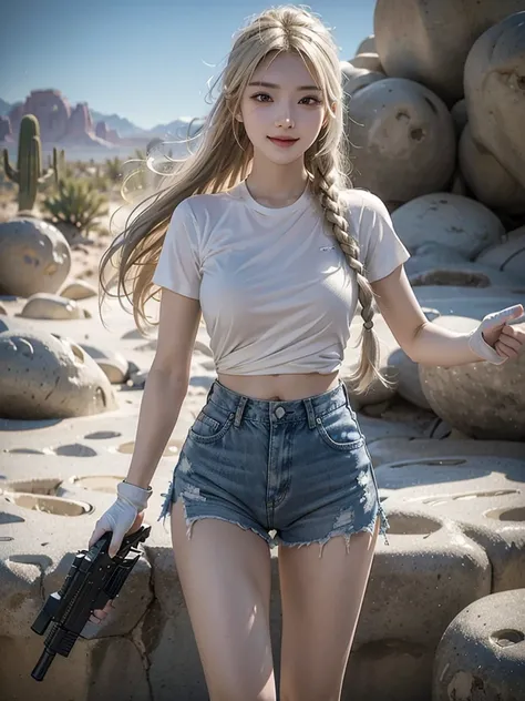 （8K，original photo，Top quality，masterpiece：1.2），（realism，Reality：1.37），Ultra Detailed，Ultra-high resolution，desert背景，desert，desolate，cactus，Wearing white short-sleeved shirt with exposed belly，Blue denim super shorts，Hourglass figure，Wearing black tactical...