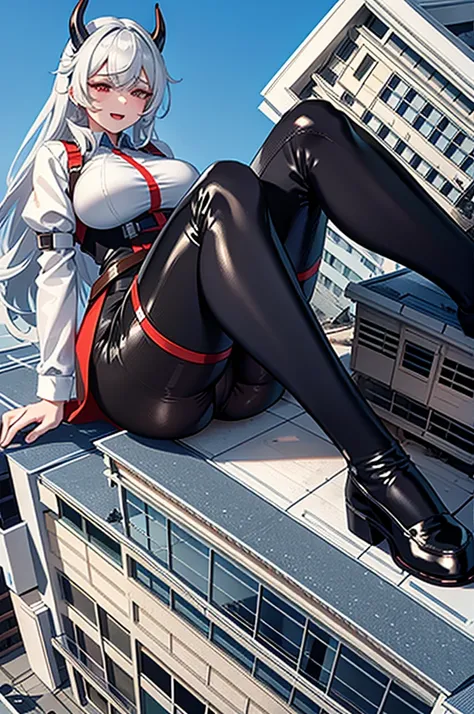 Building, giantess art, masterpiece, highly detailed giantess shot, white hair, red eyes, giantess wearing black latex pants, (her butt facing screen sitting on and crushing a building),(orgasm, Ahegao, crossed eyes, she is happy and horny), (collapsing bu...